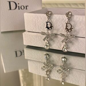 New Authentic Dior Logo Crystal Bow Rhinestone Earrings Silver